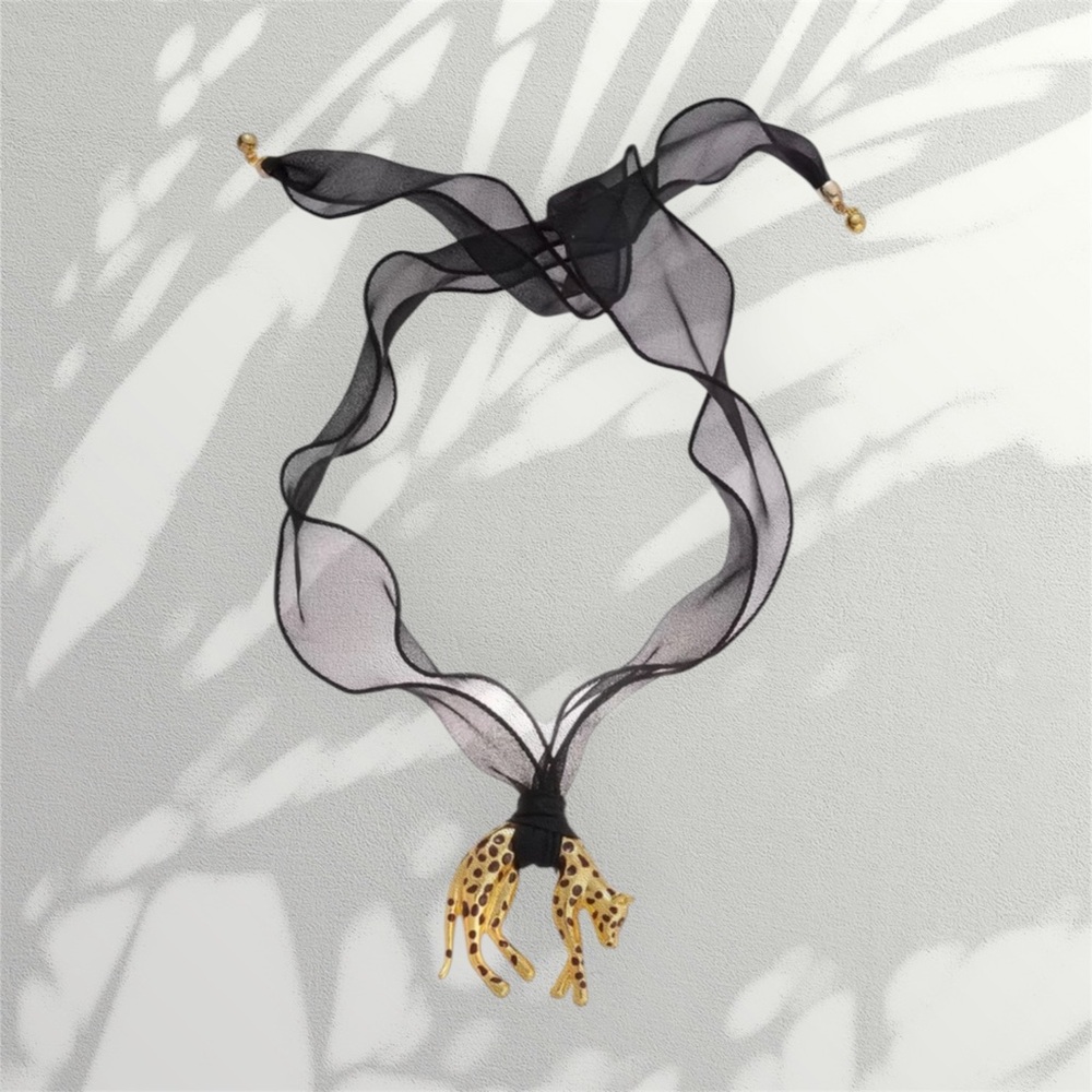 Gold Leopard Charm Sheer Ribbon Necklace 🐆
